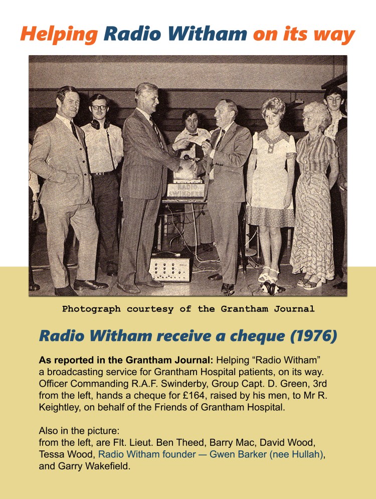 Black and white photograph courtesy of the Grantham Journal (1976); titled, "Helping Radio Witham on its way" as Radio Witham receive a cheque raised by men from the R.A.F