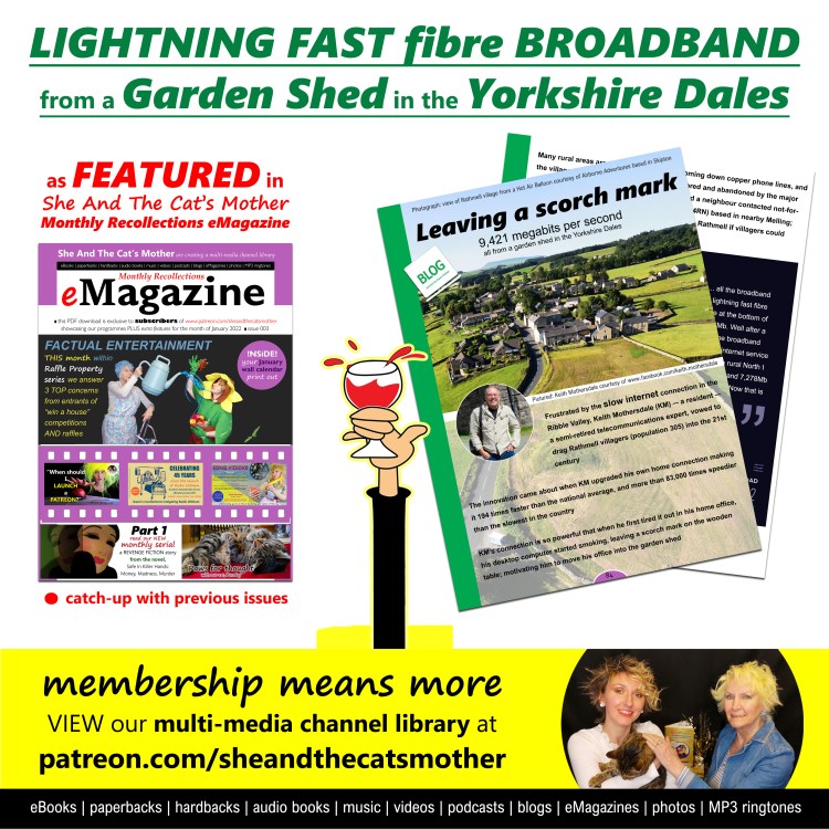 Picture shows pages featured within She And The Cat's Mother MONTHLY Recollections eMagazine (January 2022) of article titled: Leaving a scorch mark: Keith Mothersdale lightning FAST fibre broadband from a garden shed in the Yorkshire Dales" written by Gwen Hullah; eMagazine available to members via, She And The Cat's Mother PATREON page