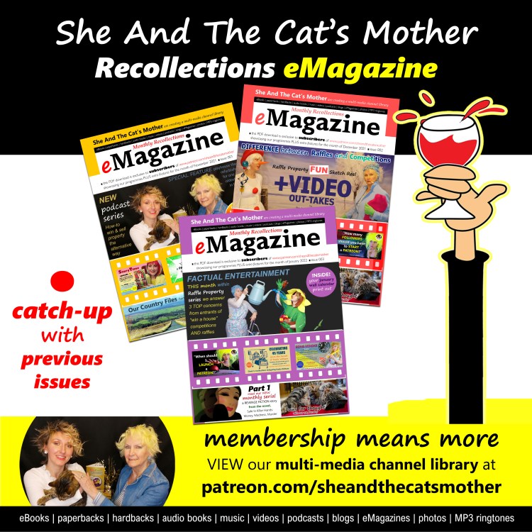 Colour poster arrangement of the first three issues of, She And The Cat's Mother "Recollections" eMagazine, and where to download them from to catch-up with previous issues (via their Patreon page)