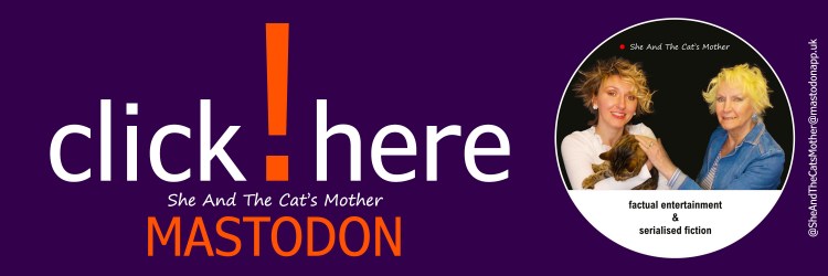Colourful long horizontal banner/header highlighting book publisher, She And The Cat's Mother Mastodon site