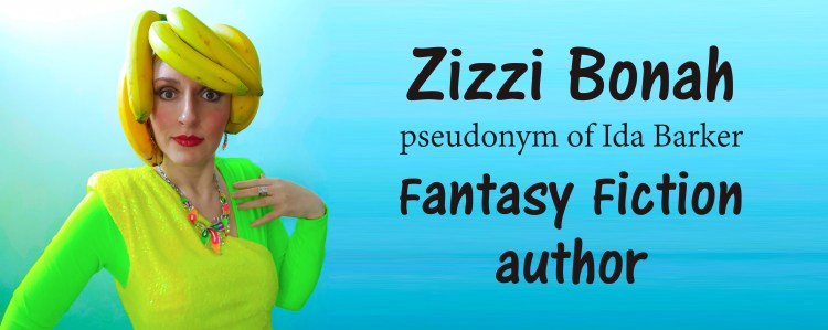 Fun 2023 visual of fantasy fiction author, Zizzi Bonah (pseudonym of Ida Barker) wearing a bunch of bananas on her head as a banana headdress
